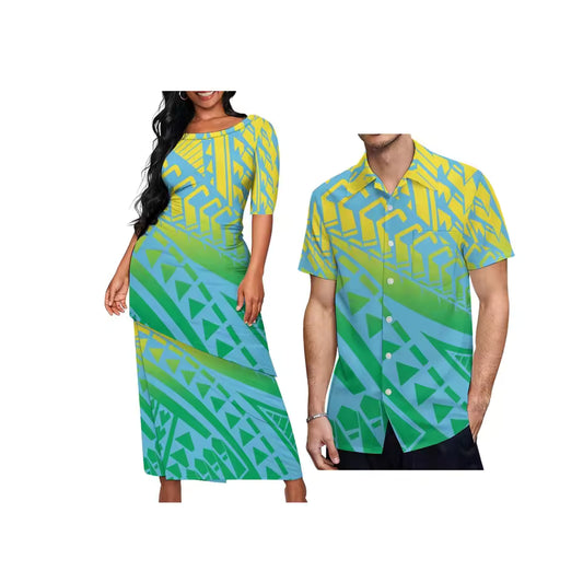 Polynesian Tribal Pattern Couple Matching Outfit For Her Him Printed Samoa Puletasi Dress Two-Piece Suit With Men's Shirt Outfit Set