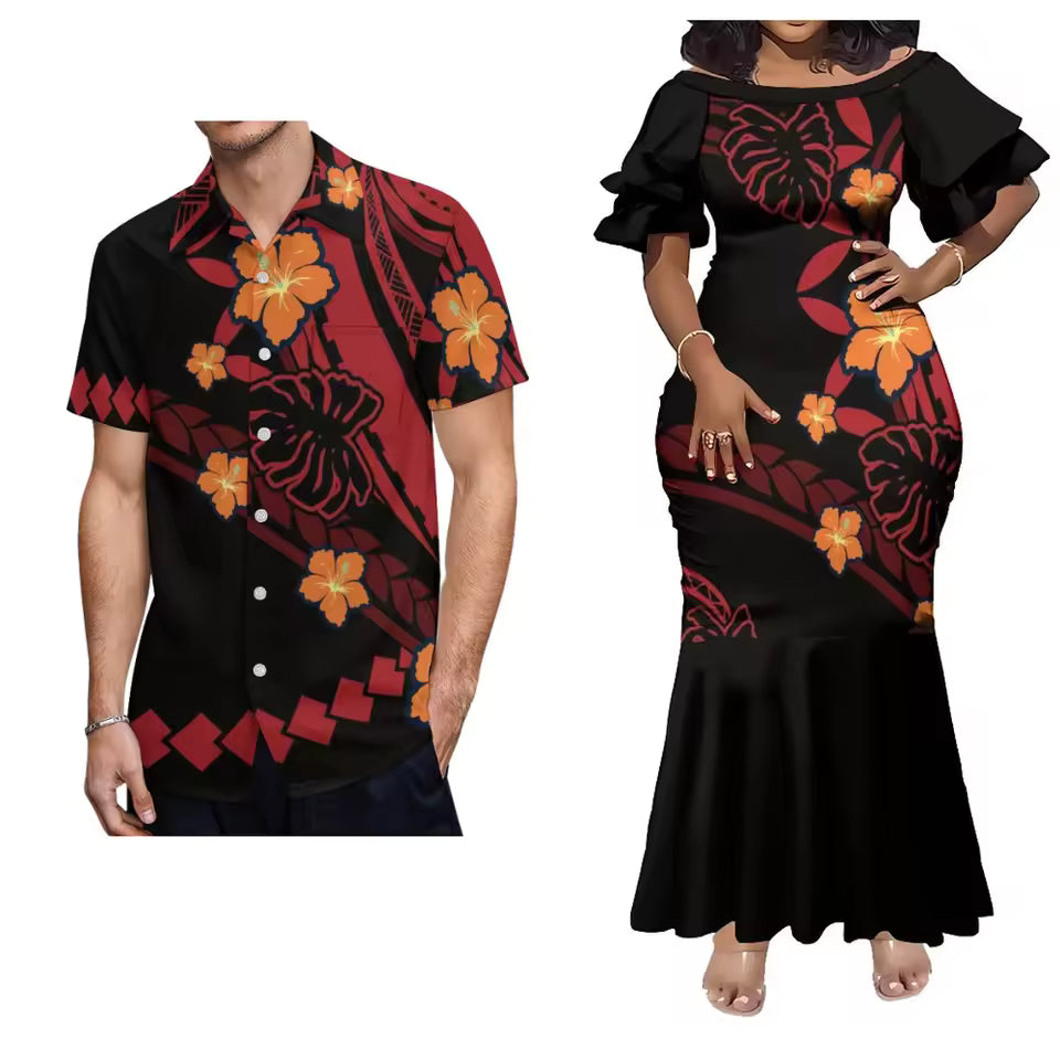 Pacific Island Polynesian Tribal Tropical Flowers Black Matching Outfit For Him Her Women'S Short-Sleeved Mermaid Dress Party Men Shirt Couple Set