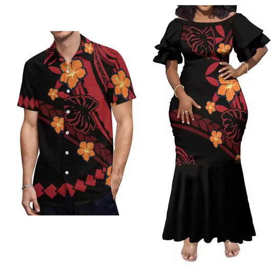 Pacific Island Polynesian Tribal Tropical Flowers Black Matching Outfit For Him Her Women'S Short-Sleeved Mermaid Dress Party Men Shirt Couple Set