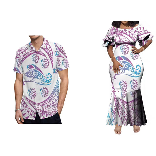 Traditional Polynesian Tropical Pattern Matching Outfit For Couple Island Matching Outfit Short Sleeve Mermaid Long Dress And Hawaii Shirt Couple Set