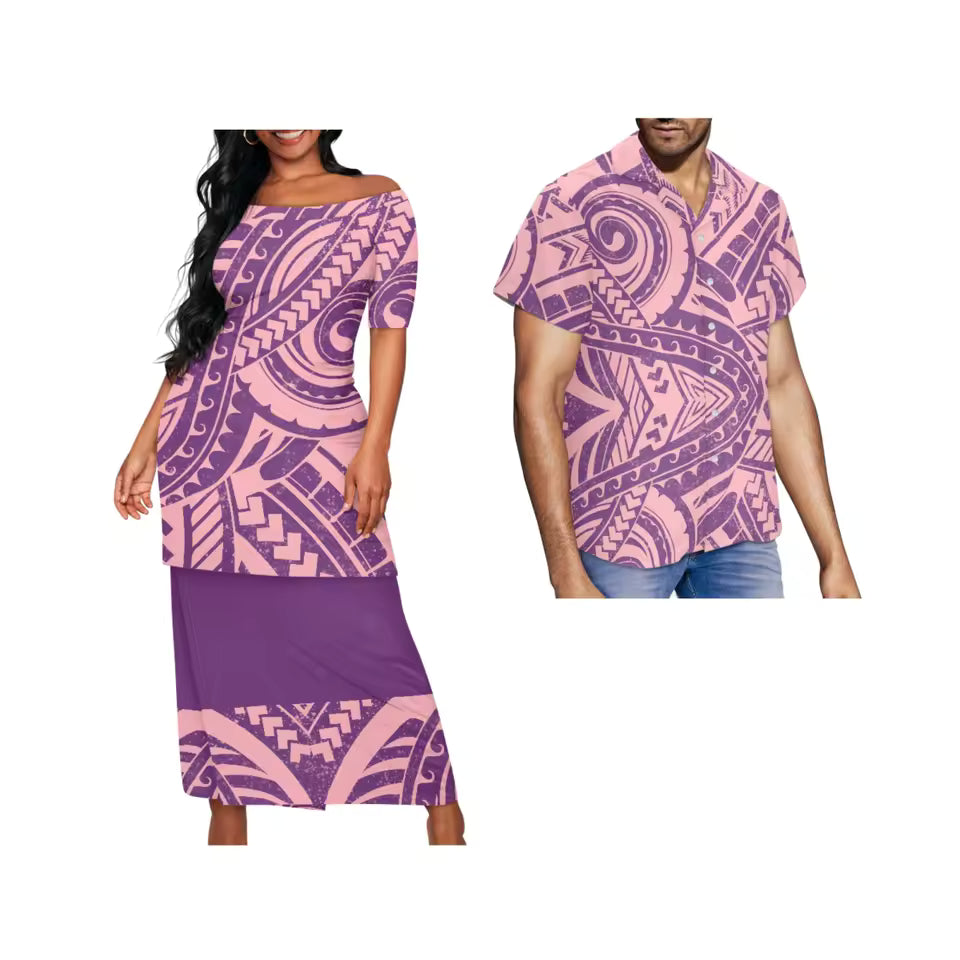 Samoa Couple Set Polynesian Tribal Pattern Printed Purple Matching Outfit For Couple Traditional Puletasi Dress And Shirt