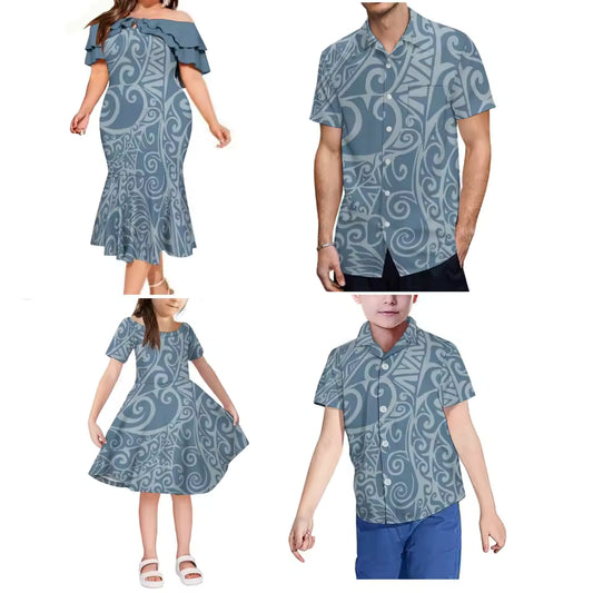 Polynesian Tribal Pattern Matching Outfit For FamilyTropical Ruffled Long Dress And Shirt For Family Members