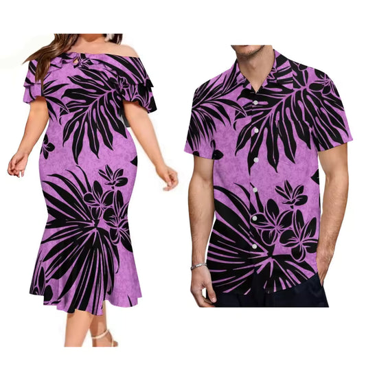 Leaf Pattern Tropical Matching Outfit For Couple Polynesian Ruffled Fishtail Dress And Hawaiian Shirt Ourfit Set