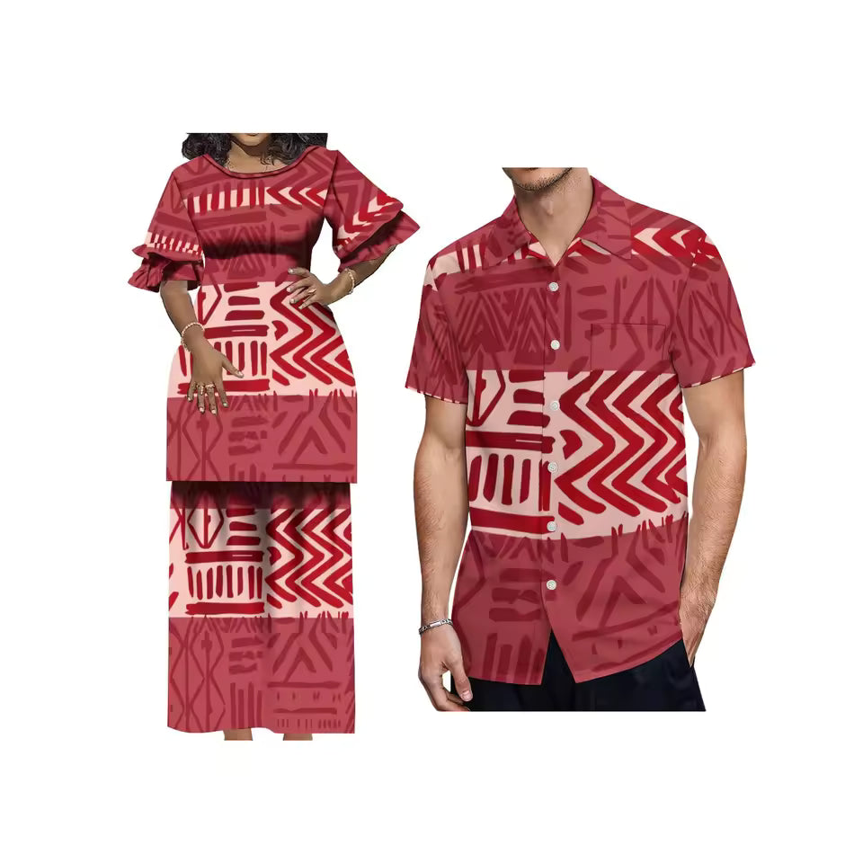 Red Polynesian Tribal Printed Samoa Matching Outfit For Couple Puletasi Double layer Horn Sleeve Dress Couple Set
