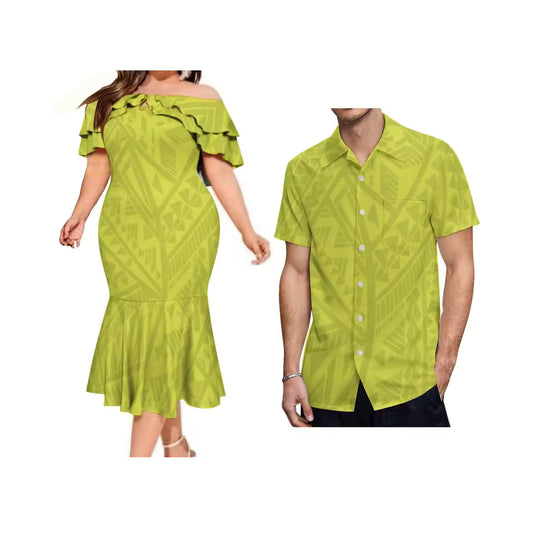 Polynesian Tribal Pattern Matching Outfit For Couple Polynesian Ruffled Fishtail Dress And Hawaiian Shirt Set