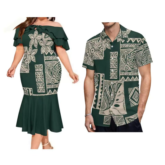 Polynesian Tribal Pattern Couple Set Printed Summer Polynesian Ruffled Fishtail Dress And Hawaiian Shirt Matching Ourfit For Couple