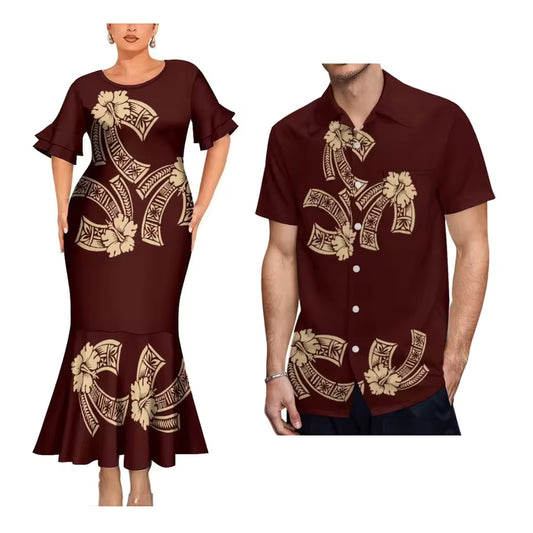Polynesian Tribal Hibiscus Flowers Pattern Brown Matching Outfit For Couple Polynesian Short Sleeve Mermaid Long Dress And Hawaiian Shirt