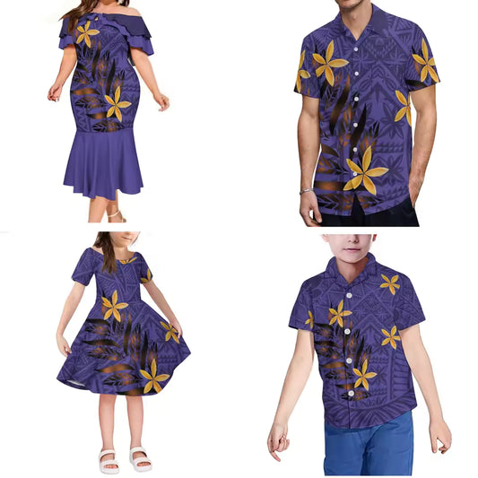 Matching Outfit For Family Flowers Polynesian Pattern Printed Dress Ruffled Long Dress And Hawaiian Shirt For Him