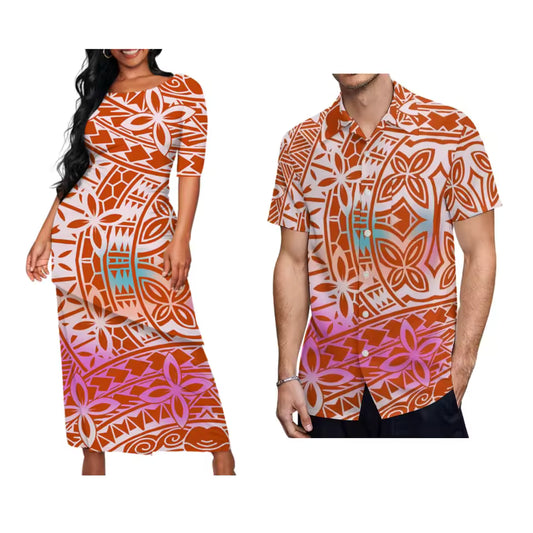 Polynesian Tribal Pattern Printed Couple Matching Outfit Samoa Puletasi Dress Two-Piece Suit With Men's Shirt Matching Set