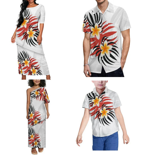 Plumeria Flower Matching Outfit For Family White Puletasi Dress Set Polynesian Ethnic Long Dress And Shirt For Her Him
