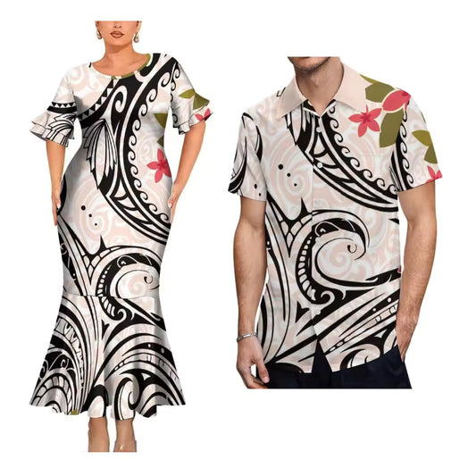 Island Style Matching Outfit For Couple Polynesian Tribal Printed Flowers Curve Style Short Sleeve Mermaid Long Dress And Hawaiian Shirt