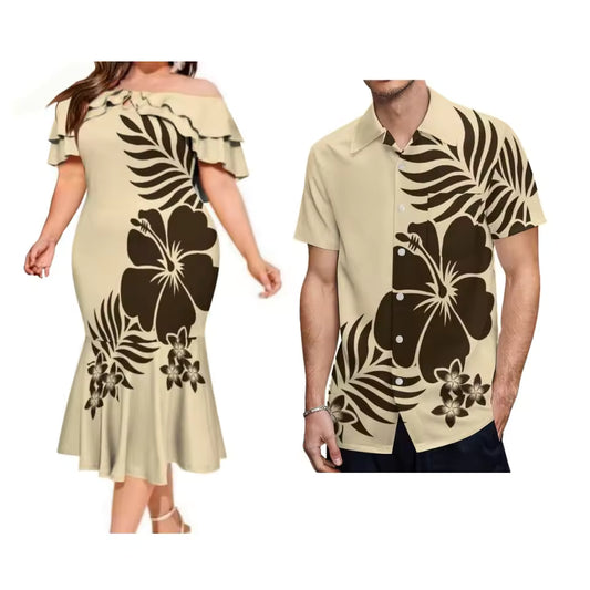 Polynesian Tribal Pattern Couple Set Printed Summer Hibiscus Flowers Tropical Ruffled Fishtail Dress And Hawaiian Shirt Matching Ourfit For Couple