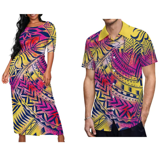 Polynesian Tribal Colorful Leafs Pattern Printed Couple Set Island Puletasi Dress Two-Piece Suit With Men's Shirt Blue Matching Outfit For Couple