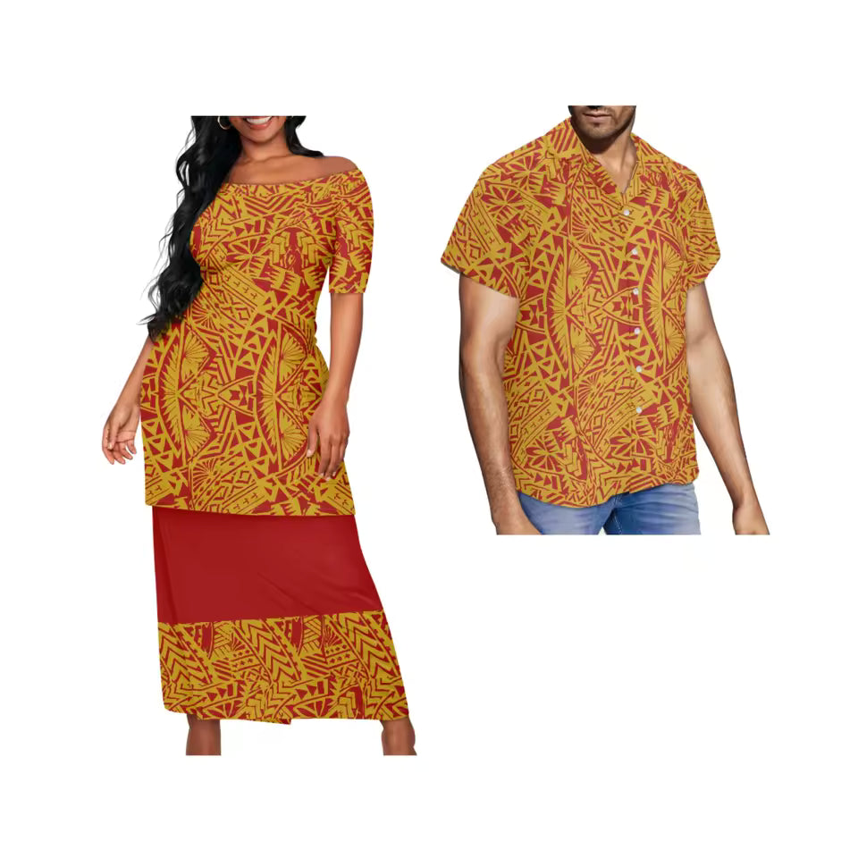 Samoa Couple Set Polynesian Tribal Pattern Printed Matching Outfit For Couple Traditional Puletasi Dress And Shirt