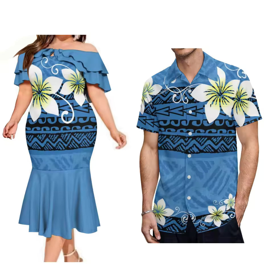 Polynesian Tribal Pattern Couple Matching Outfit For Family Flowers Blue Dress Polynesian Ruffled Dress And Hawaiian Shirt