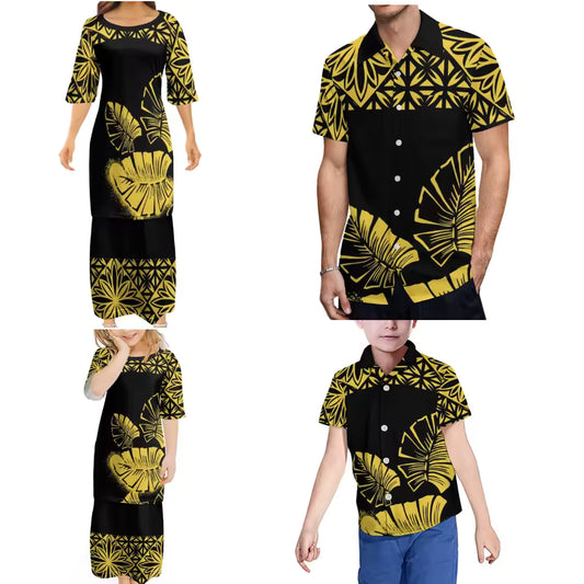 Yellow Leaf Pattern Polynesian Tribal Printed Family Set Women's Puletasi Men'S Shirt Adult Children Tropical Matching Outfit For Family Clothing