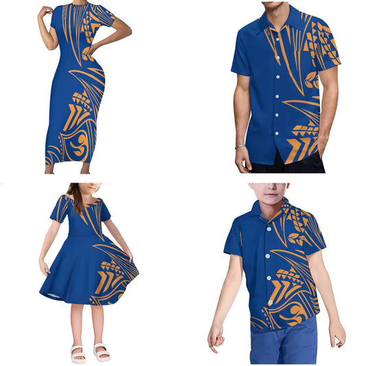 Polynesian Tribal Matching Family Outfits Blue Dress For Her And Shirt For Him