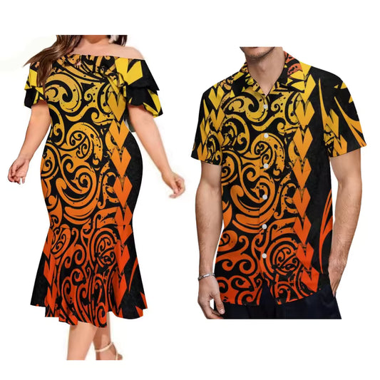 Polynesian Tribal Pattern Couple Set Printed Ruffled Fishtail Dress And Hawaiian Shirt Matching Ourfit For Couple