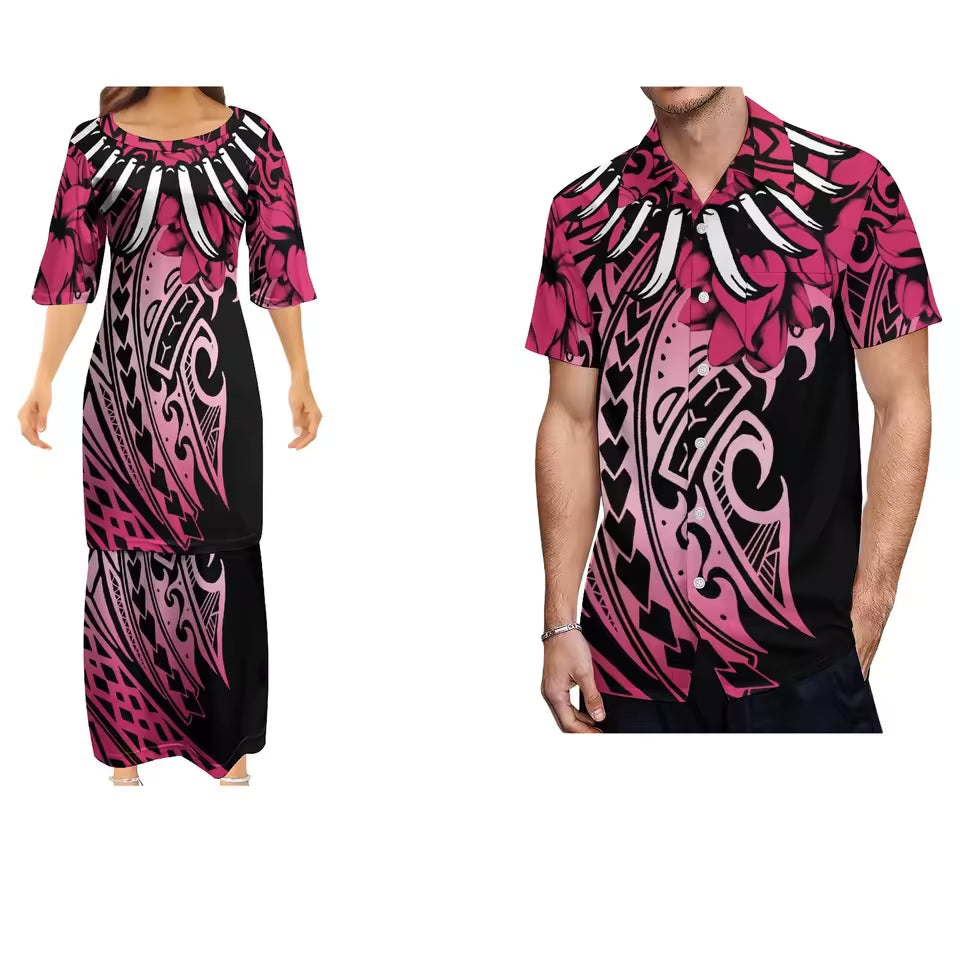 Polynesian Flowers Pattern Matching Outfit for Couple Women's Dress Men's Shirt Couple Suit Samoan Necklace Polynesian Couple Set