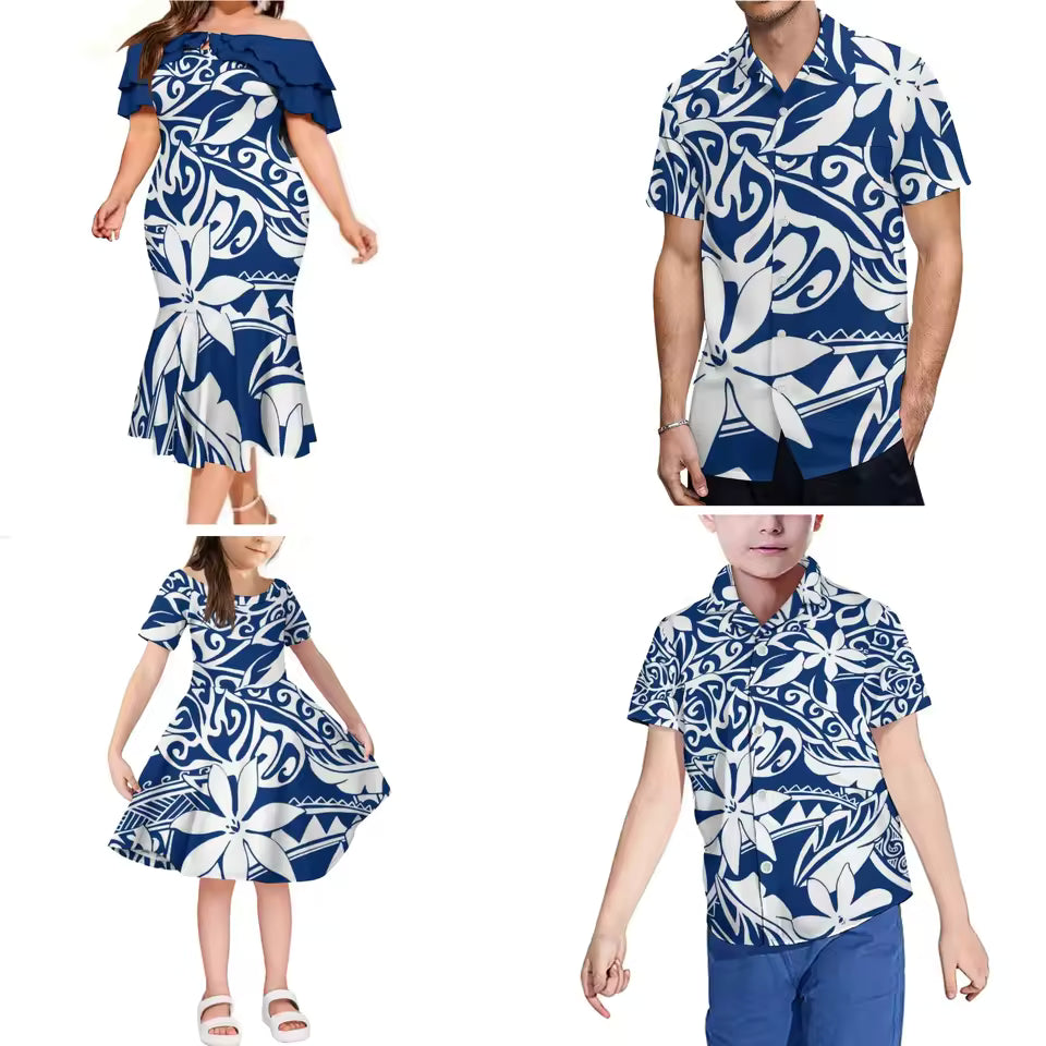 Polynesian Tribal Tropical Matching Outfit For Family Dress Blue Flowers Pattern Ruffled Dress And Hawaiian Shirt For Him