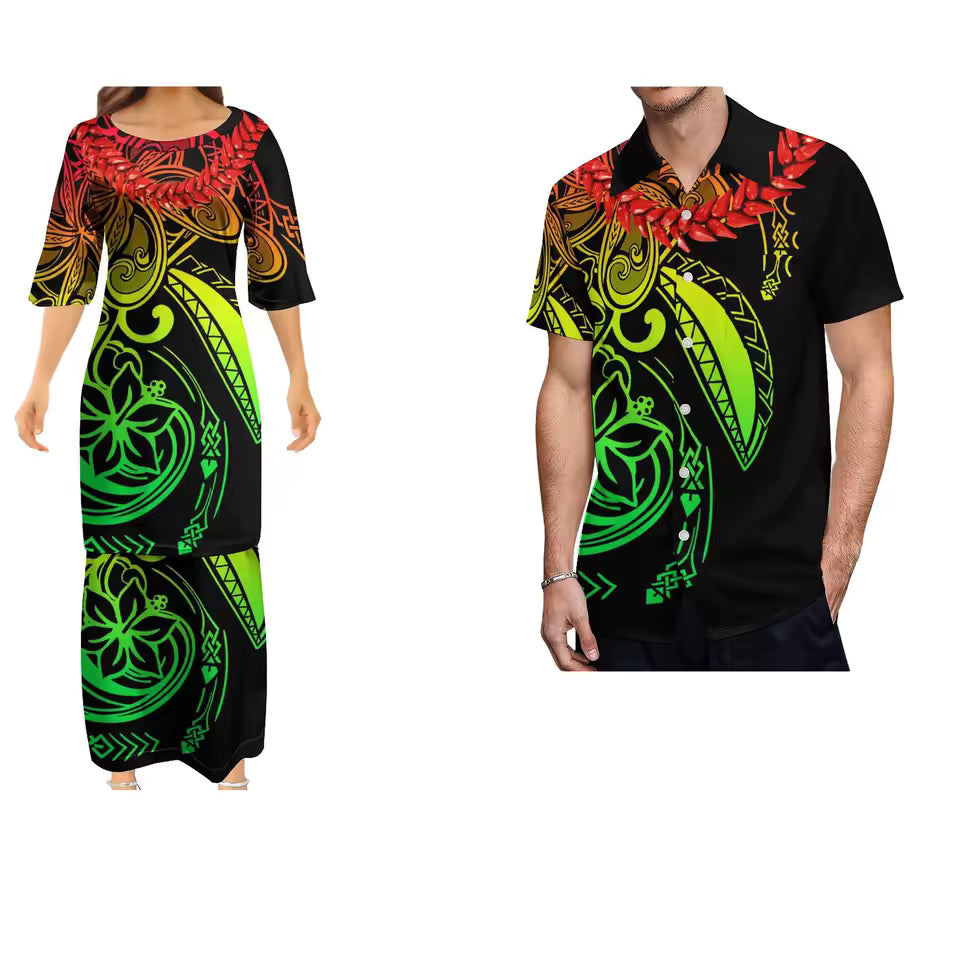 Polynesian Hibiscus Flowers Pattern Matching Outfit For Couple Women's Dress Polynesian Vintage Grain Ula Nifo Print Samoan Necklace Party Evening Couple Shirt Set