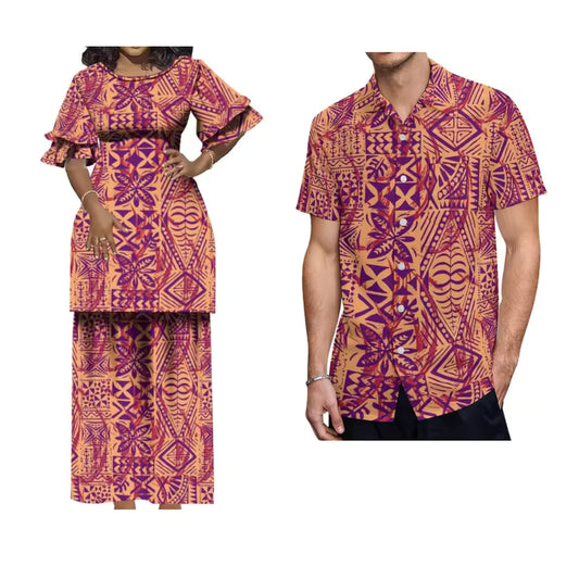 Vintage Polynesian Tribal Pattern Matching Outfit For Couple Puletasi Double layer Horn Sleeve Dress For Her and Hawaii Shirt For Him