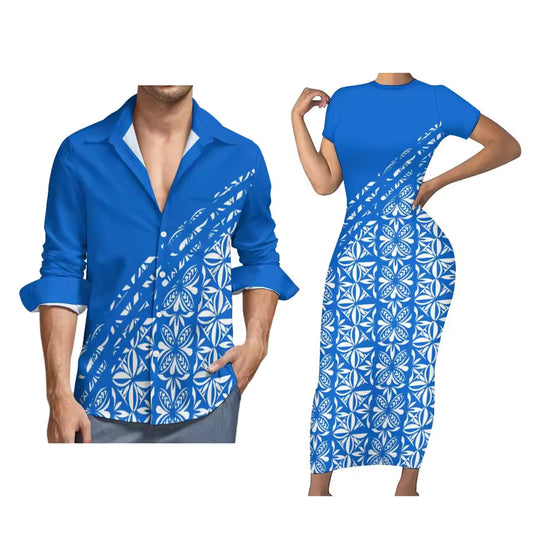 Blue Polynesian Pattern Matching Outfit For Couples Tight Short Sleeve Dress Style Men Long Sleeve Shirt