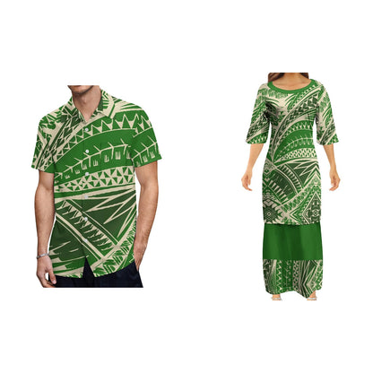 Green Polynesian Tribe Samoa Print Women'S Clothing Asian And Pacific Island Clothing Samoa Puletasi Couple Set