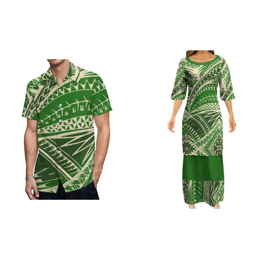 Green Polynesian Tribe Samoa Print Women'S Clothing Asian And Pacific Island Clothing Samoa Puletasi Couple Set