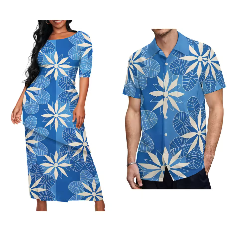 Polynesian Blue Matching Couple Outfit Traditional Puletasi Dress And Hawaiian Shirts Party Couple Set For Her Him