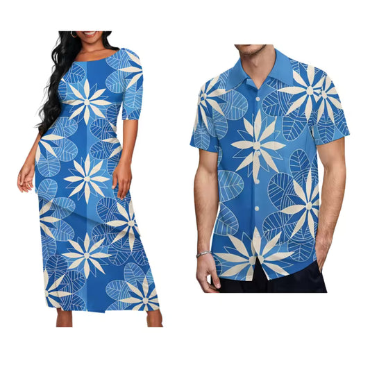 Polynesian Blue Matching Couple Outfit Traditional Puletasi Dress And Hawaiian Shirts Party Couple Set For Her Him