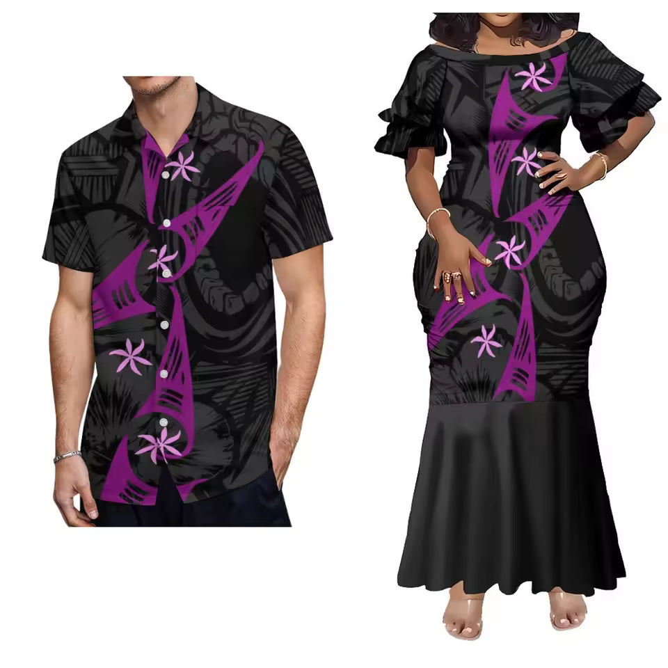 Pacific Island Polynesian Tribal Black Matching Outfit For Him Her Women'S Short-Sleeved Mermaid Dress Party Men Shirt Couple Set