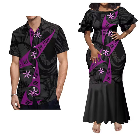 Pacific Island Polynesian Tribal Black Matching Outfit For Him Her Women'S Short-Sleeved Mermaid Dress Party Men Shirt Couple Set