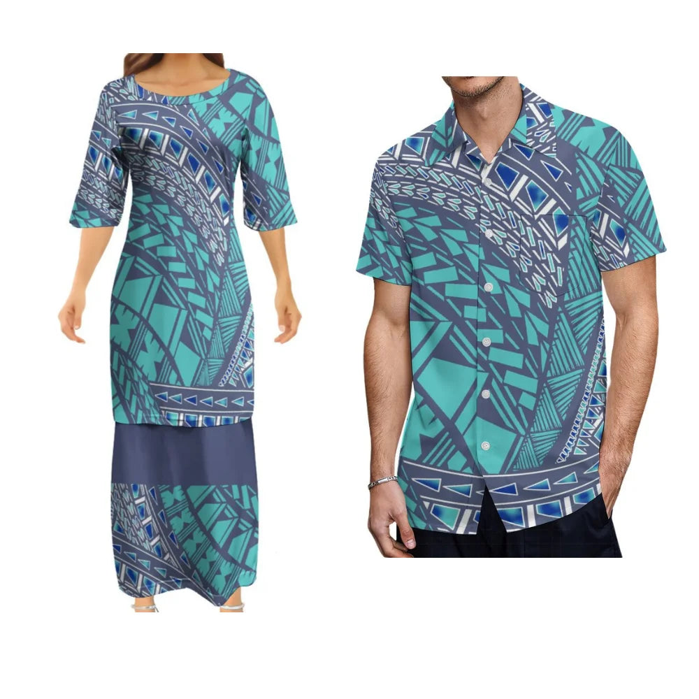 Samoan Polynesian Tribal Pattern Matching Outfit For Couple Polynesian Puletasi Dress And Hawaiian Shirts Couple Set For Her Him