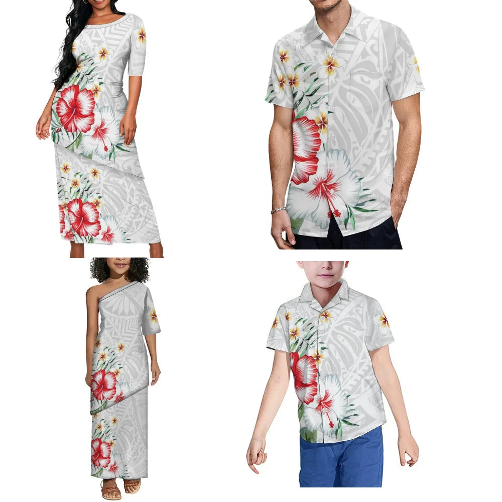 Hibiscus Flower Matching Outfit For Family White Puletasi Dress Set Hawaiian Pattern Long Dress And Shirt For Her Him