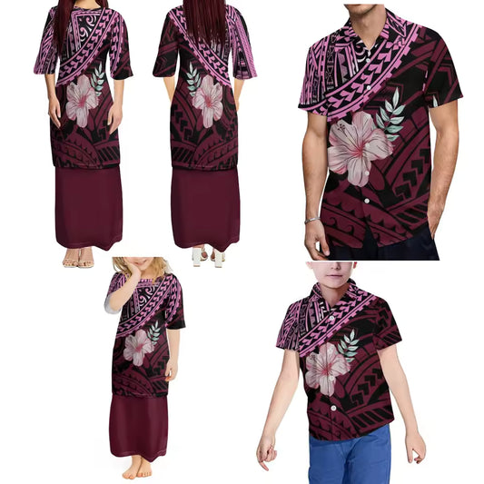 Hibiscus Flowers Pacific Island Design Matching Outfit For Family Samoan Women'S Crew Neck Dress Puletasi Suit And Men'S Shirt Boys Girls Dress Matching Family Set
