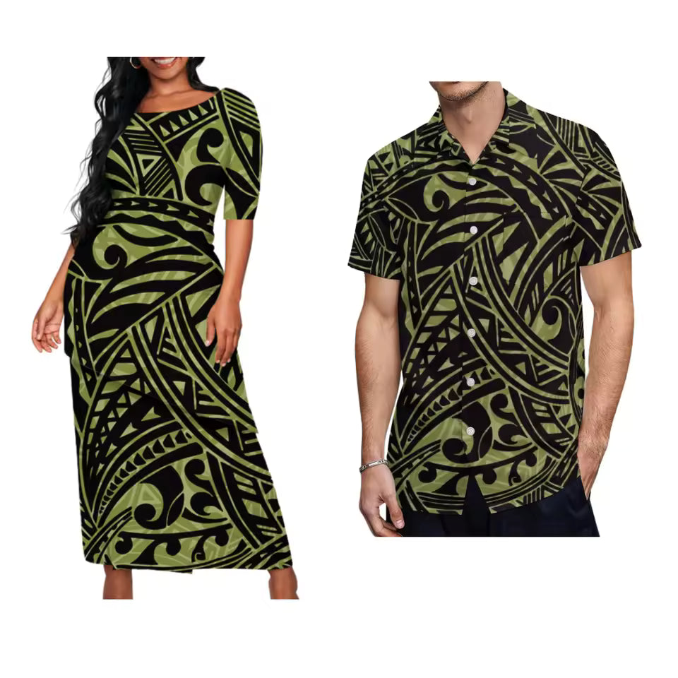 Polynesian Tribal Pattern Matching Outfit For Couple Puletasi Dress Polynesian Pattern Shirts Couple Set