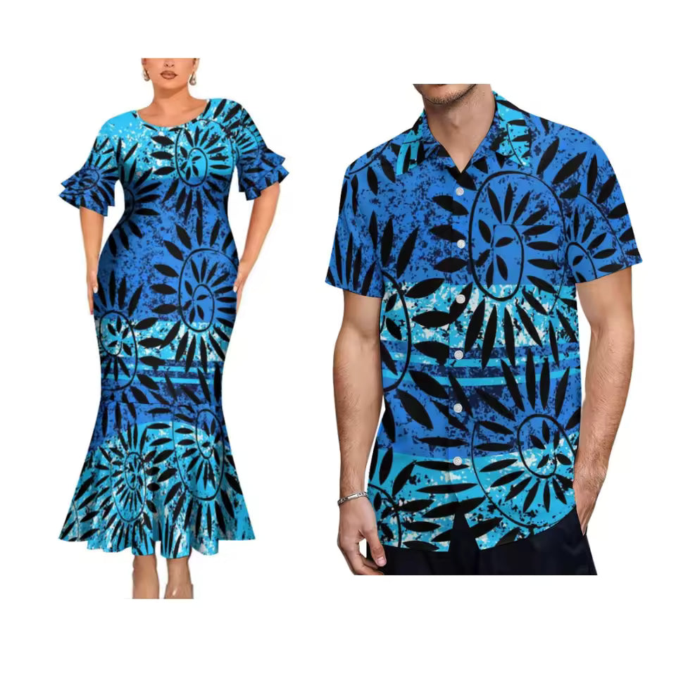 Polynesian Printed Couple Matching Outfit Polynesian Tribal Island Short Sleeve Mermaid Long Dress And Hawaiian Shirt Outfit Set