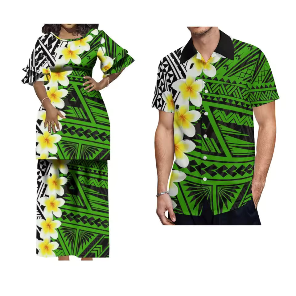 Polynesian Matching Outfit For Couple Crewneck Casual Puletasi Women's Long Dress And Polynesian Ethnic Printed Hawaiian Shirt