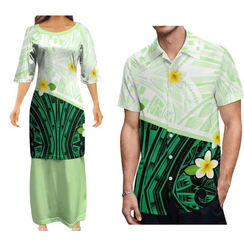 Polynesian Tribal Flowers Pattern Couple Set Outfit Women's Dress Men's Hawaiian Shirt Polynesian Matching Outfit