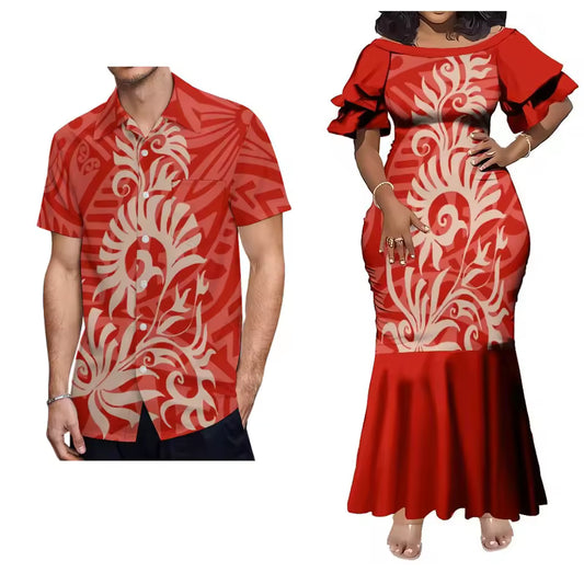 Pacific Island Polynesian Tribal Matching Outfit For Him Her Women'S Short-Sleeved Mermaid Dress Party Men Shirt Matching Couple Set