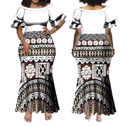 Vintage Polynesian Tribal Matching Outfit Short Sleeve Mermaid Long Dress And Shirt For Couple