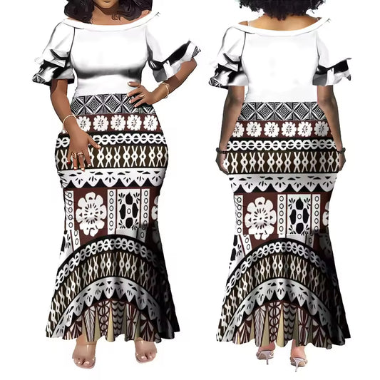 Vintage Polynesian Tribal Matching Outfit Short Sleeve Mermaid Long Dress And Shirt For Couple