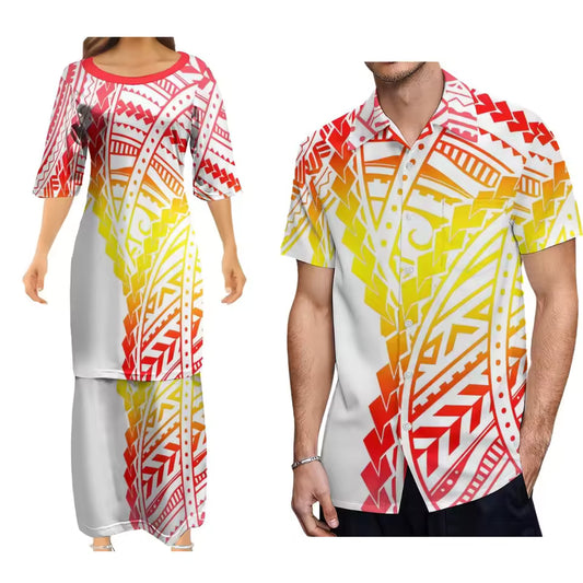 Polynesian Tribal Pattern Couple Set Outfit Women's Dress Men's Hawaiian Shirt Polynesian Matching Outfit