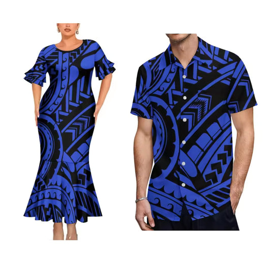 Polynesian Printed Blue Couple Matching Outfit Polynesian Tribal Tribal Short Sleeve Mermaid Long Dress And Hawaiian Shirt Outfit Set