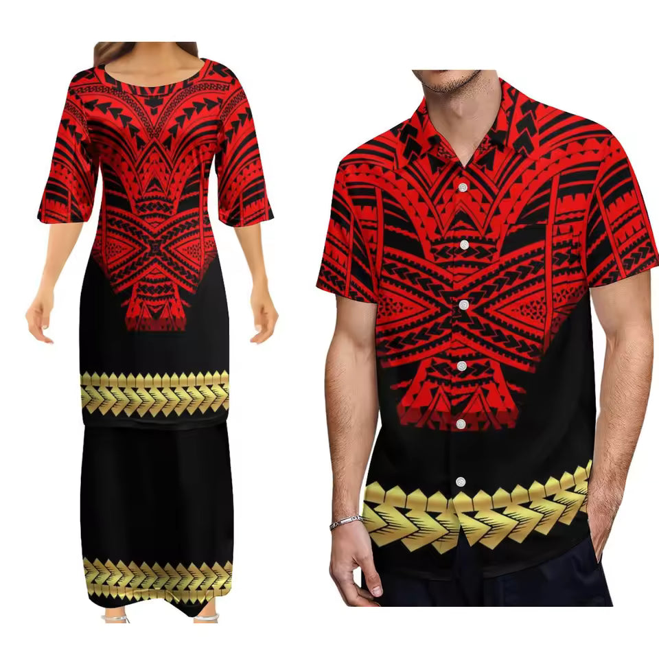 Red Polynesian Pattern Printed Couple Set Outfit  Women's Dress Men's Shirt Polynesian Matching Outfit