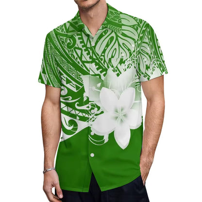 Polynesian Islands Samoa Green Floral Couple Matching Outfit For Family Dress Purple Polynesian Pattern Ruffled Dress And Hawaiian Shirt For Him