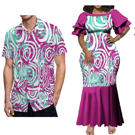 Pacific Island Polynesian Tribal Purple Matching Outfit For Him Her Women'S Short-Sleeved Mermaid Dress Party Men Shirt Couple Set
