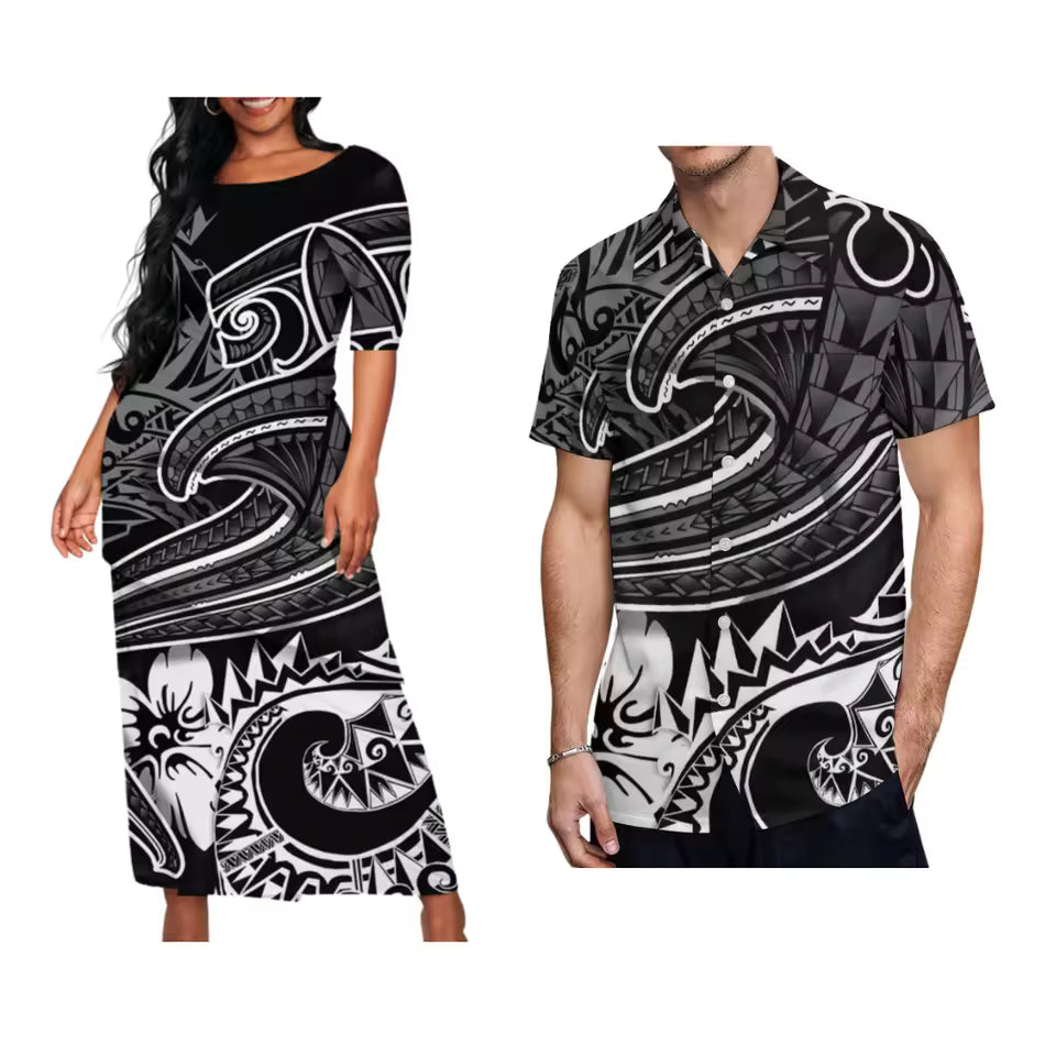 Samoan Polynesian Tribal Flowers Pattern Black Matching Outfit For Couple Traditional Puletasi Dress And Hawaiian Shirts Party Couple Set For Her Him