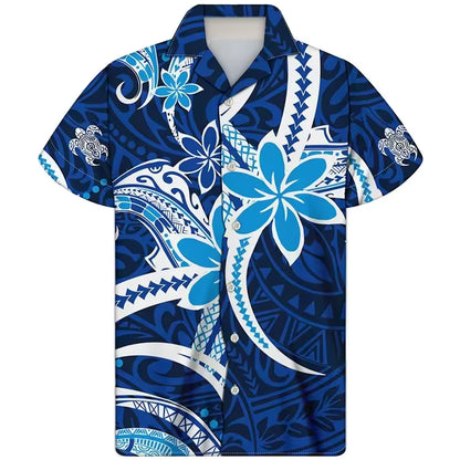 Polynesian Tribal Printed Hawaiian Shirt Plumeria Pattern Men's Casual Short Sleeve Summer Shirt